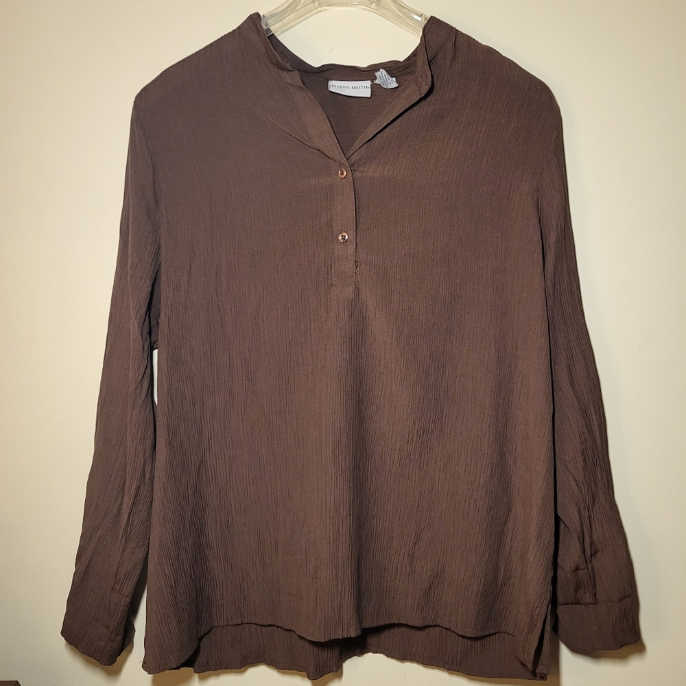 Brown Lightweight Pleated/Crepe Fabric Button Down Blouse